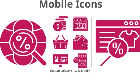 mobile icons set. included online shop, shop, wallet, money, shopping-basket, internet icons. filled styles.