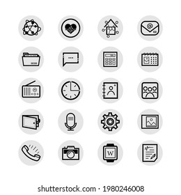 Mobile icons set on background and in circls. Mobile icons. Icons for the phone. Using the phone concept. Can be used for advertising and banner purposes. Can be used for app. Vector EPS 10