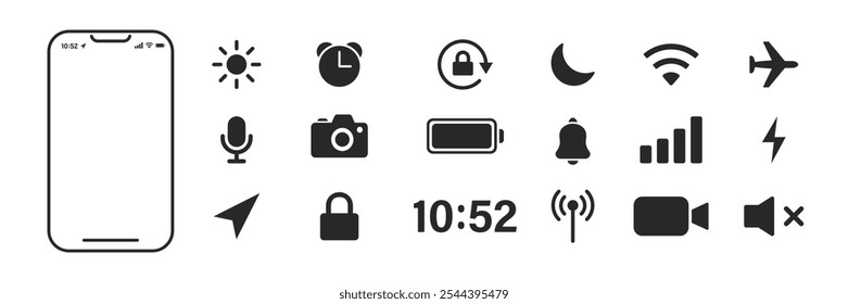 Mobile icons set. Phone bar status sign. Wifi, signal, battery, time, alarm, lock, device symbol. Vector design set.