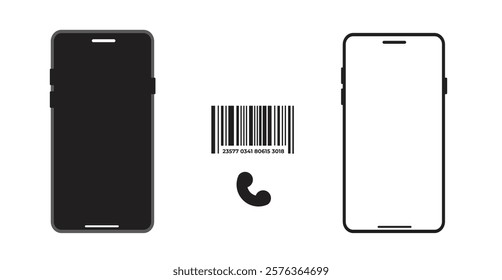 Mobile Icons, Smartphone, Cell Phone, Bar Code Icons Set. Realistic vector mockup phone for visual UI app demonstration. High quality newest version of the smartphone with a blank white screen.