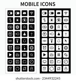 Mobile icons for use in the user interface, a collection of mostly used mobile icons. Like setting, camera, light, airplane, etc. Small images or icons that represent the larger image