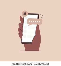 Mobile Identity Verification. Hand holding a smartphone displaying a password or PIN entry screen, with a security lock icon indicating a verification process. Concept flat vector illustration