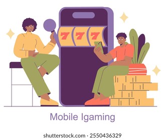 Concepto de iGaming móvil. Dos personajes que participan con juegos de tragamonedas en línea en dispositivos digitales. Experiencia de casino en casa casual. Ilustración vectorial.