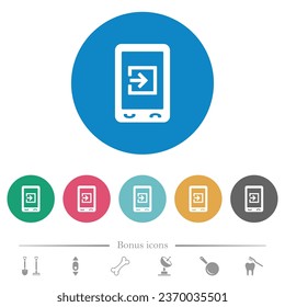 Mobile import data flat white icons on round color backgrounds. 6 bonus icons included.