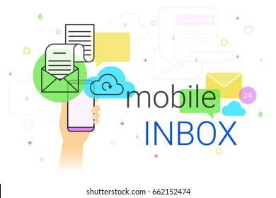 Mobile inbox app on smartphone concept vector illustration. Human hand holds smart phone with email app for receiving newsletters and network notifications. E-mail synchronization and cloud storage