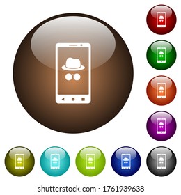 Mobile incognito white icons on round glass buttons in multiple colors