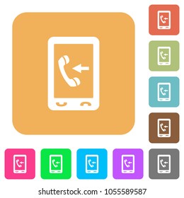 Mobile incoming call flat icons on rounded square vivid color backgrounds.