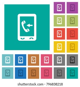 Mobile incoming call multi colored flat icons on plain square backgrounds. Included white and darker icon variations for hover or active effects.