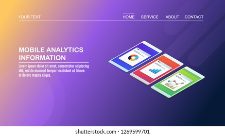 Mobile information analytics, digital data analysis, mobile phone displaying data flat design 3D isometric vector