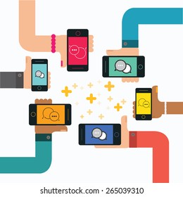 Mobile instant messenger chat with group of hands holding smartphone, vector