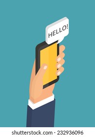 Mobile instant messenger chat, hands with smartphones and dialog bubbles. Isometric 3d Flat design vector illustration