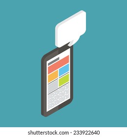 Mobile instant messenger chat, hands with smartphones and dialog bubbles. Isometric 3d Flat design vector illustration