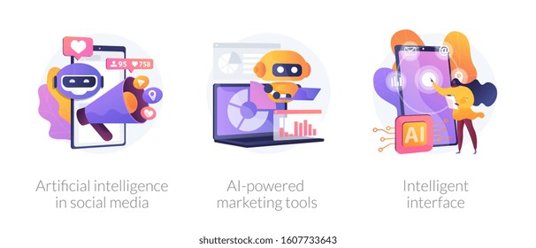 Interface inteligente móvel, anúncio automatizado de SEO. Inteligência artificial em mídias sociais, ferramentas de marketing baseadas em IA, metáforas. Ilustrações de metáfora de conceito isolado vetorial.