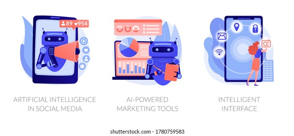 Mobile intelligent interface, automated SEO advertisement. Artificial intelligence in social media, AI-powered marketing tools, metaphors. Vector isolated concept metaphor illustrations.