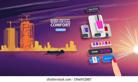 The mobile interface of the beauty store against the backdrop of the urban landscape. Vector banner