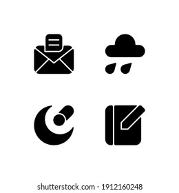 Mobile interface black glyph icons set on white space. Message. Weather forecast. Night mode. Notebook. Texting and chat application. Silhouette symbols. Vector isolated illustration