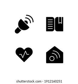 Mobile interface black glyph icons set on white space. Lantern. Book reader. Health and wellness. Smart home. Light source. Ebooks reading. Silhouette symbols. Vector isolated illustration