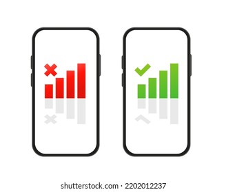 Mobile Interface, Mobile Communication By Phone. Sensor Device With Good And Bad Communication Signal. Vector Illustration