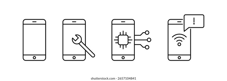 Configuração de conectividade de interface móvel tecnologia de chip de rede de alerta smartphone sem fio ícone de reparo na internet ilustração vetorial para comunicação digital.