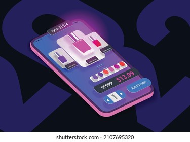 Mobile interface of the cosmetics web store on the phone screen in isometry. Vector banner