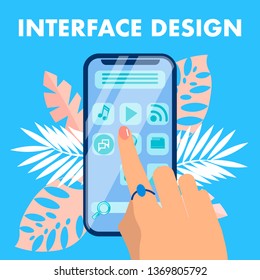 Mobile Interface Design Flat Vector Banner Concept. Menu Icons GUI on Smartphone Screen, Display. Phone Application UI Development. Cellphone, Hand and Monstera Leaves Illustration with Typography