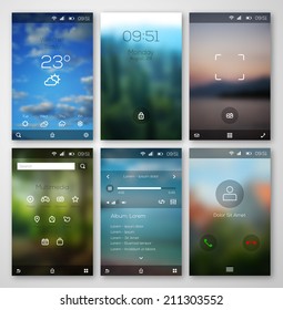 Mobile interface design and icons. Vector illustration. Blurred landscapes wallpaper for weather and multimedia