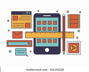 Mobile interface developer and smartphone user interface construction in line flat design . Vector illustration .  Apply to website , book cover , poster ,  infographics .
