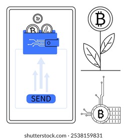 Mobile interface with digital wallet sending cryptocurrencies Bitcoin, smart contract, Litecoin. Bitcoin plant symbolizes growth. Ideal for cryptocurrency, digital transactions, blockchain