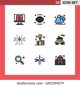 Mobile Interface Filledline Flat Color Set of 9 Pictograms of bulb; sketch; vision; grid; architect Editable Vector Design Elements