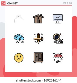 Mobile Interface Filledline Flat Color Set of 9 Pictograms of light; rain; computer; drop; pc Editable Vector Design Elements