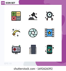 Mobile Interface Filledline Flat Color Set of 9 Pictograms of multimedia; focus; jump rope; camera; down left Editable Vector Design Elements