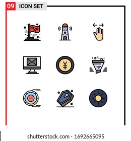Mobile Interface Filledline Flat Color Set of 9 Pictograms of finance; new; hand; email; zoom out Editable Vector Design Elements