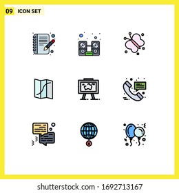 Mobile Interface Filledline Flat Color Set of 9 Pictograms of hang; presentation; fly; pin; location Editable Vector Design Elements
