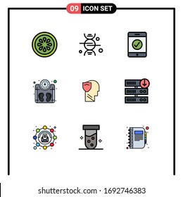 Mobile Interface Filledline Flat Color Set of 9 Pictograms of user; secure; complete; shield; weighing Editable Vector Design Elements