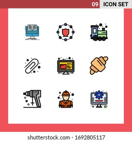 Mobile Interface Filledline Flat Color Set of 9 Pictograms of discount; paper clip; network; education; play time Editable Vector Design Elements