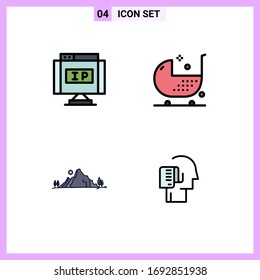 Mobile Interface Filledline Flat Color Set of 4 Pictograms of internet; mountain; pointer; disease; hill Editable Vector Design Elements