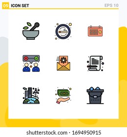Conjunto de colores planos de interfaz móvil de 9 pictogramas de trabajo en equipo; nuestro; fumar; sociedad; elementos de diseño de vectores editables de año