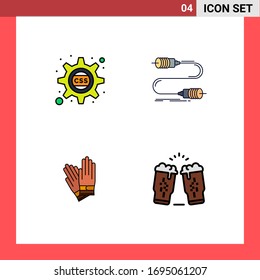 Conjunto de color plano de línea de conexión móvil de 4 pictogramas de cascada; guantes; engranaje de la base de datos; interacción; elementos de diseño de vectores editables de construcción
