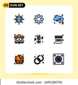 Mobile Interface Filledline Flat Color Set of 9 Pictograms of power; energy; file; digital; banking Editable Vector Design Elements