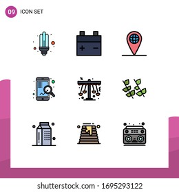 Mobile Interface Filledline Flat Color Set of 9 Pictograms of playland; swing; globe; kindergarten; search Editable Vector Design Elements