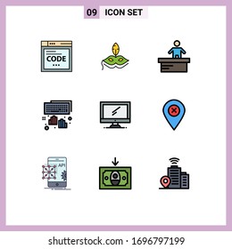 Mobile Interface Filledline Flat Color Set of 9 Pictograms of monitor; typing; cashier; programming; hands Editable Vector Design Elements