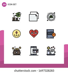 Mobile Interface Filledline Flat Color Set of 9 Pictograms of favorite; heart; fruit no grape; emoji; hook Editable Vector Design Elements