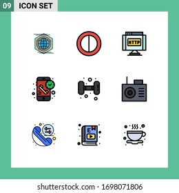 Mobile Interface Filledline Flat Color Set of 9 Pictograms of training; fitness; internet; time; phone Editable Vector Design Elements