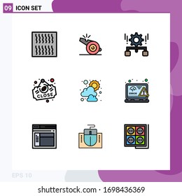 Mobile Interface Filledline Flat Color Set of 9 Pictograms of sunny; sign; gear; close; coffee Editable Vector Design Elements