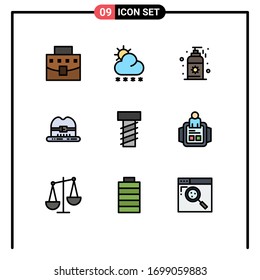 Mobile Interface Filledline Flat Color Set of 9 Pictograms of man; screw; beach; bolt; hat Editable Vector Design Elements