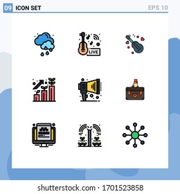 Mobile Interface Filledline Flat Color Set of 9 Pictograms of megaphone; profit; guitar; growth; business Editable Vector Design Elements