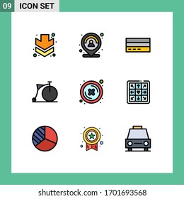 Mobile Interface Filledline Flat Color Set of 9 Pictograms of wheel; transport; business; bicycle; interface Editable Vector Design Elements
