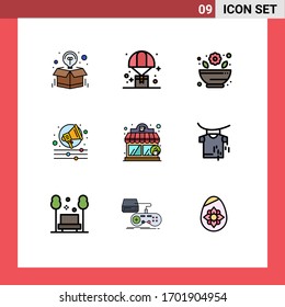 Flatscreen-Flachbild-Farbsatz von 9 Piktogramm Kaffee-Shop für mobile Schnittstellen; schreien; Fallschirm; Kampagne; rx Bearbeitbare Design-Elemente für Vektorillustrationen