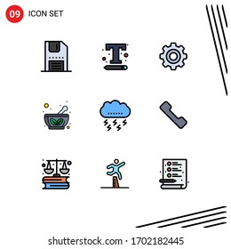 Mobile Interface Filledline Flat Color Set of 9 Pictograms of herbal; text settings; bowl; gear Editable Vector Design Elements