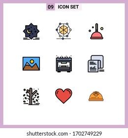 Mobile Interface Filledline Flat Color Set of 9 Pictograms of kitchen; photographer; data; photo; witch Editable Vector Design Elements